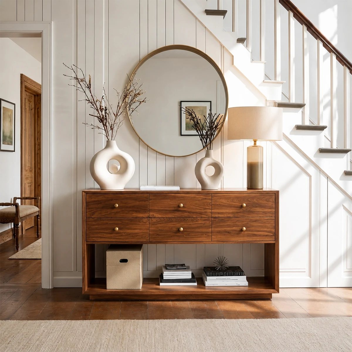 Modern buffet sideboard offering concealed drawer storage and accessible display shelving