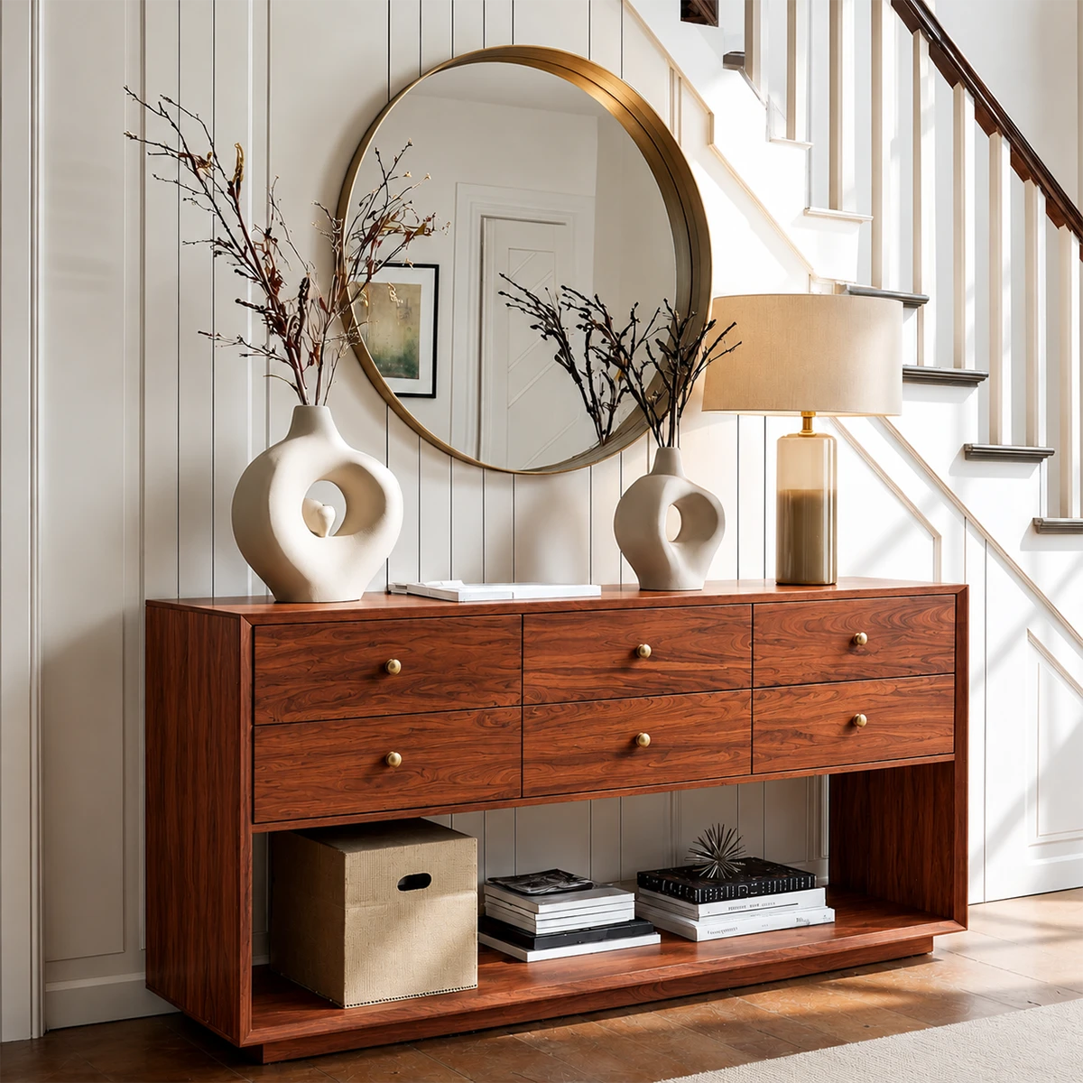 Contemporary wood sideboard with integrated drawer storage and functional lower shelving
