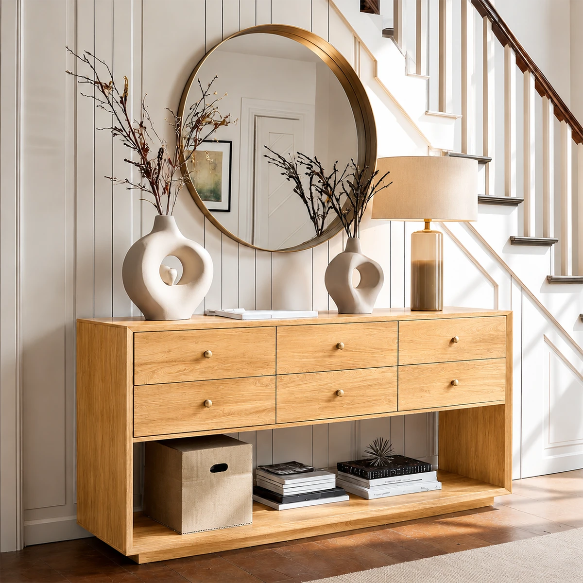 Stylish buffet cabinet designed with six drawers and versatile open storage space