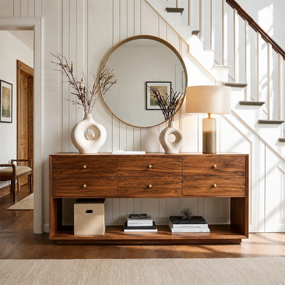 Elegant sideboard console with six drawer storage and spacious open shelf design
