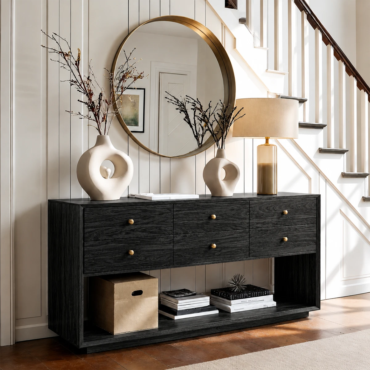 Modern storage console with streamlined drawer fronts and open display shelf below