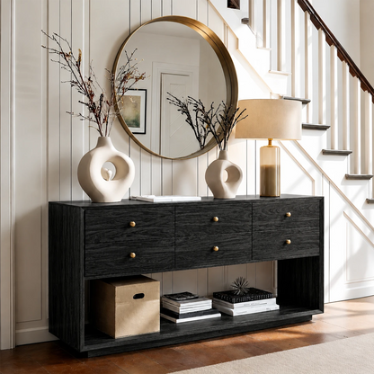 Modern storage console with streamlined drawer fronts and open display shelf below