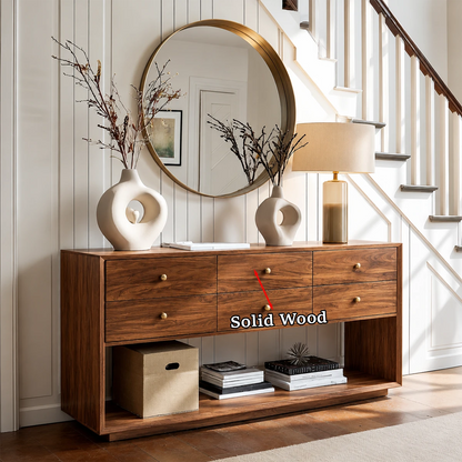 Sleek sideboard cabinet featuring organized drawer layout and practical shelf storage
