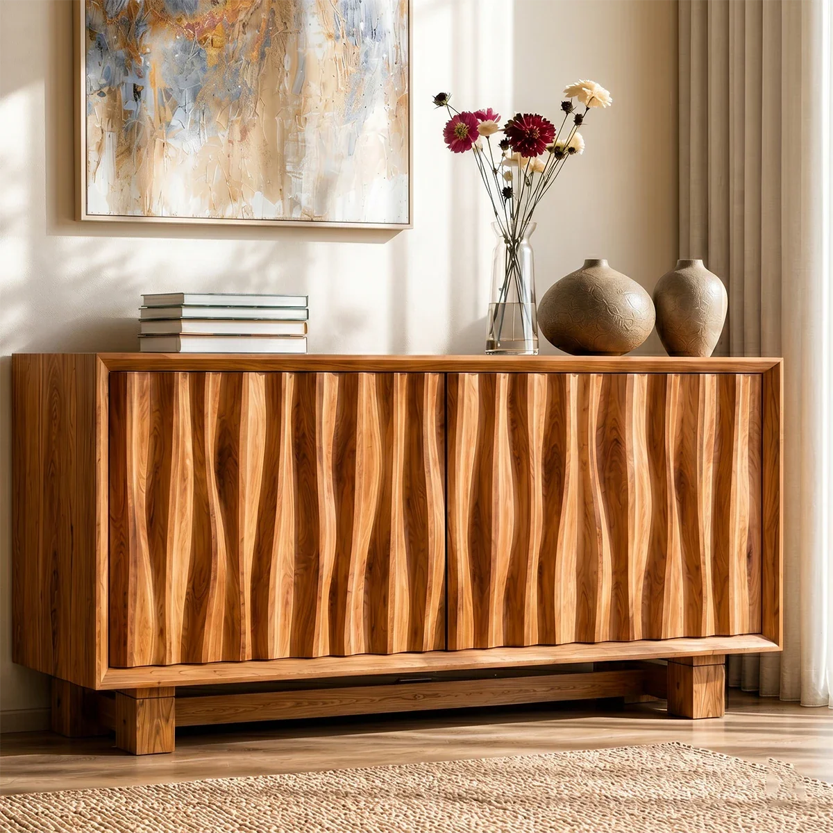 Elegant storage sideboard showcasing textured panel doors and clean architectural form
