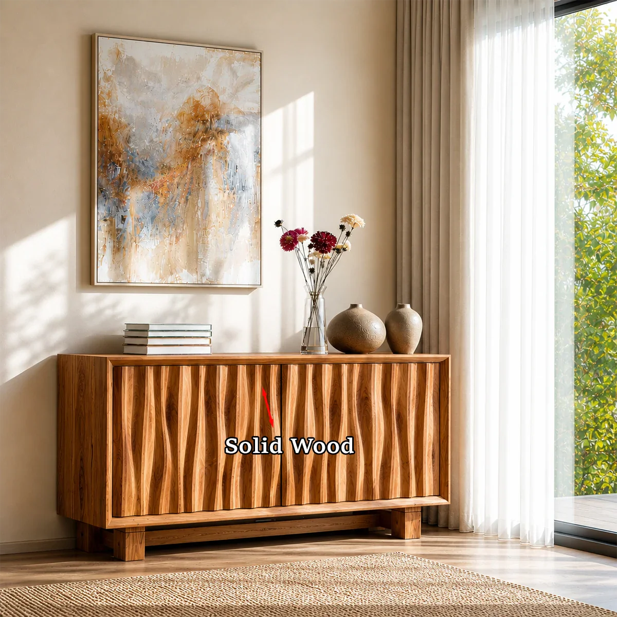 Sleek sideboard console featuring decorative textured panels and organized storage space