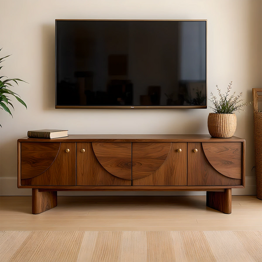 Soft brown TV stand with organic grain front panels and clean lines in a modern living room