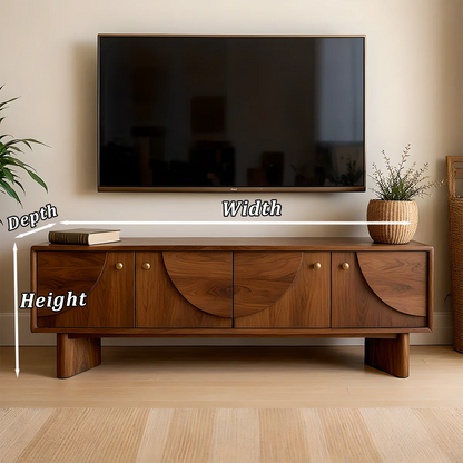 TV stand in soft brown finish with subtle grain detail and balanced form in a modern home