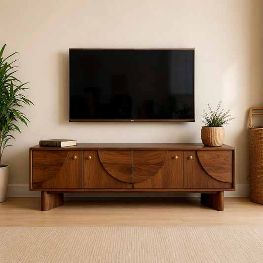 Soft brown TV stand with organic grain front panels and clean lines in a modern living room