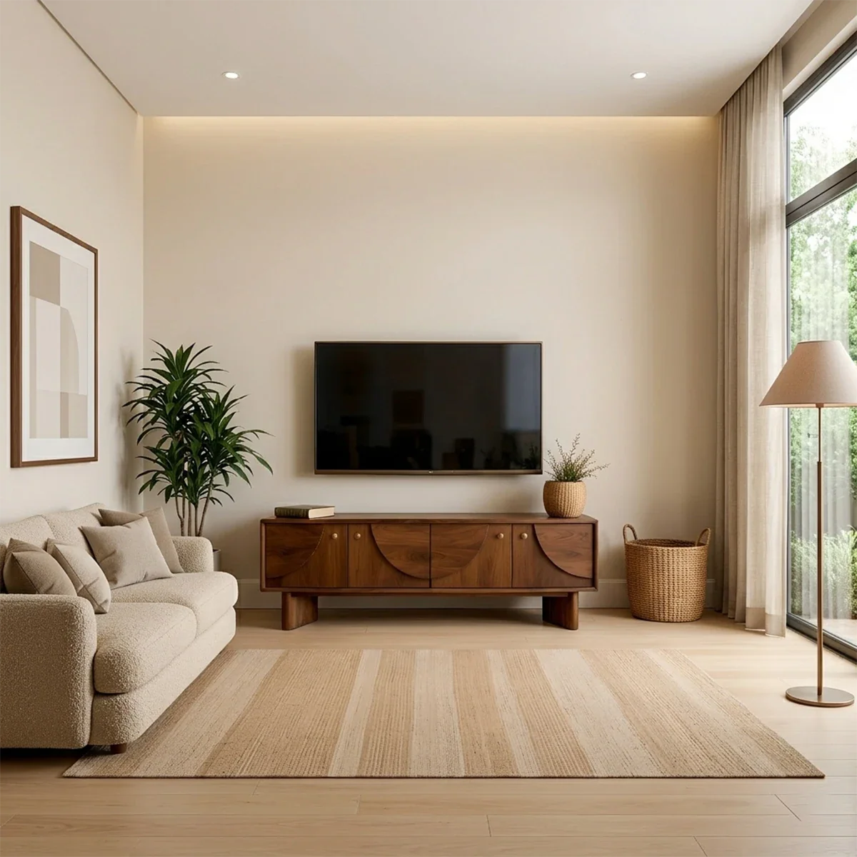 Soft brown TV stand with organic grain front panels and clean lines in a modern living room
