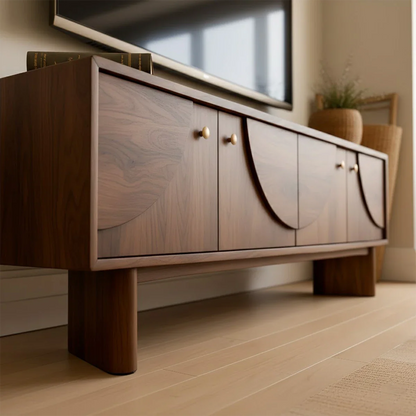 Contemporary TV stand in soft brown finish with sleek cabinet design and clean silhouette