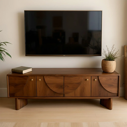 Contemporary TV stand in soft brown finish with sleek cabinet design and clean silhouette