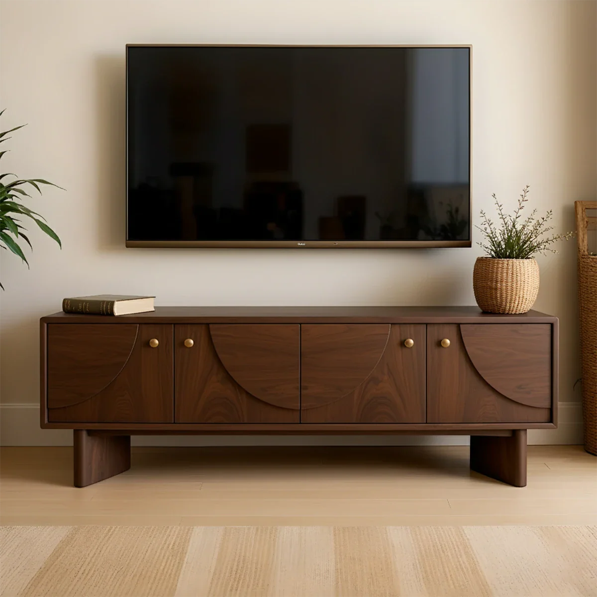 TV stand in soft walnut finish with clean lines and gentle grain pattern in a neutral space