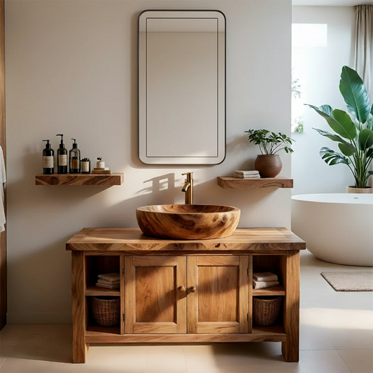 Modern vanity with vessel sink in brown tone – solid wood bathroom vanity