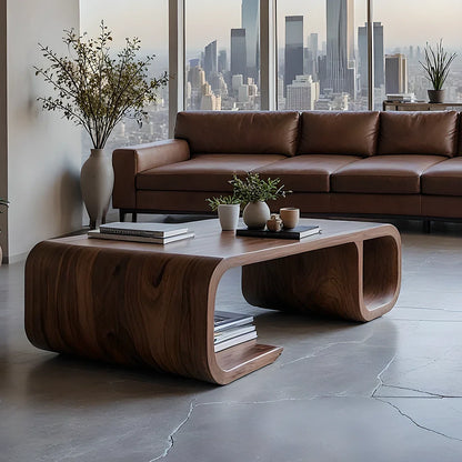 Modern Solid Wood Coffee Table with Open Shelf and Curved Form - ArborisWood - 4