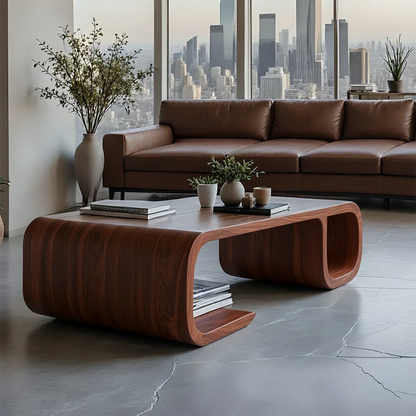 Modern Solid Wood Coffee Table with Open Shelf and Curved Form - ArborisWood - 6