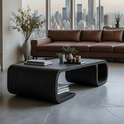Modern Solid Wood Coffee Table with Open Shelf and Curved Form - ArborisWood - 8