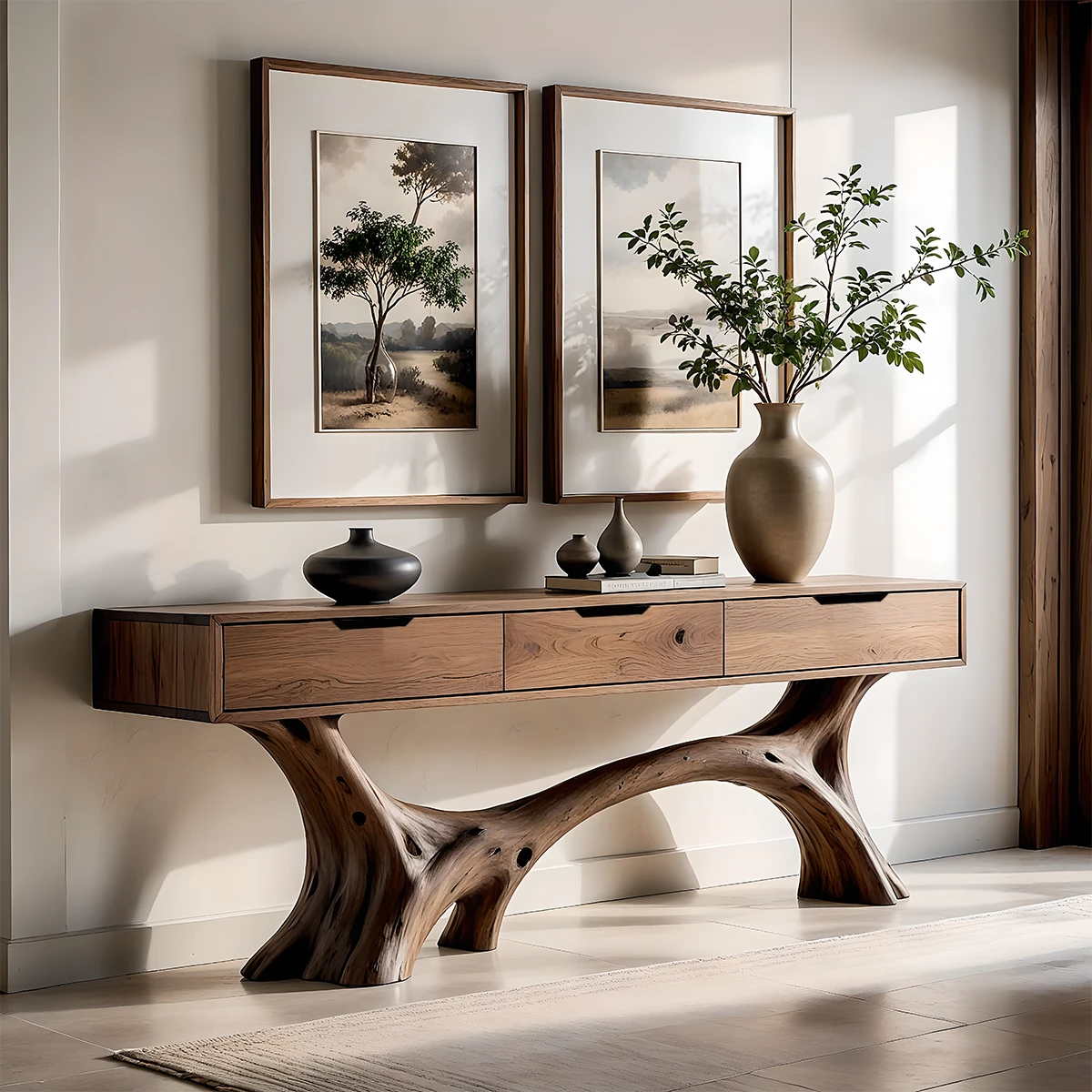 Modern entryway styled with a solid wood console table featuring organic base and built in drawers