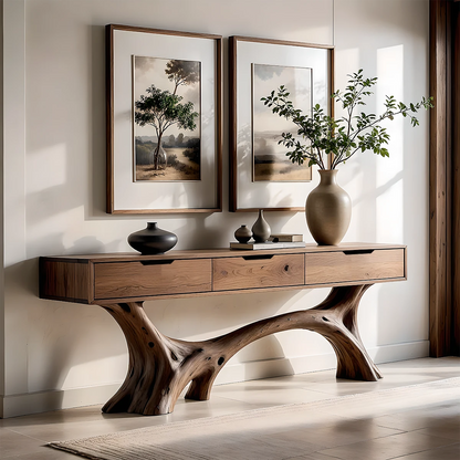 Modern entryway styled with a solid wood console table featuring organic base and built in drawers