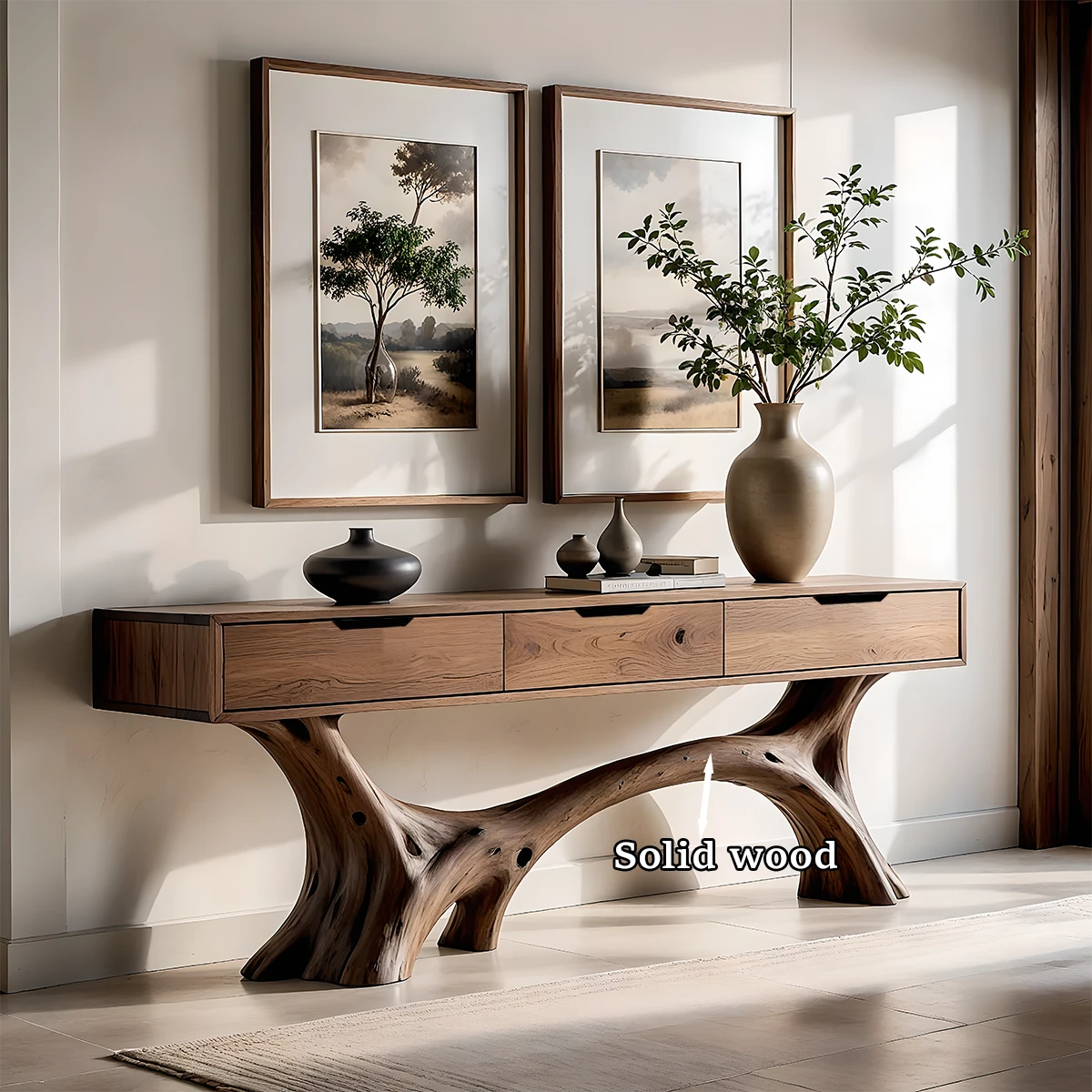 Elegant interior design centered around a console table with organic base and smooth surface