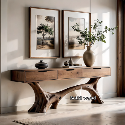 Elegant interior design centered around a console table with organic base and smooth surface