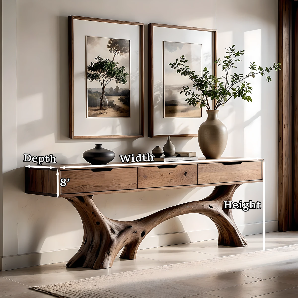 Handcrafted console table with flowing wood form and drawers brings warmth to this entryway