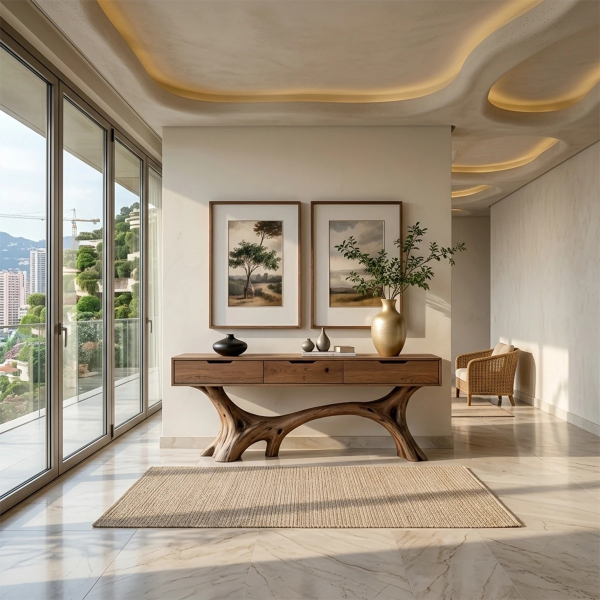 A contemporary console table with sculptural wood base adds storage and elegance to this interior