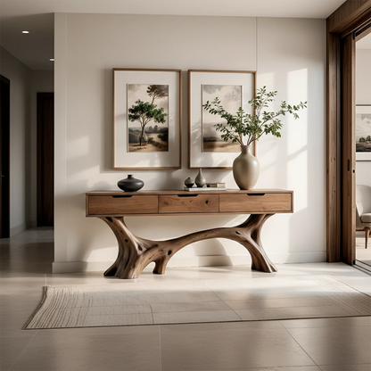 Solid wood console table with natural base and drawers placed in a refined hallway setting