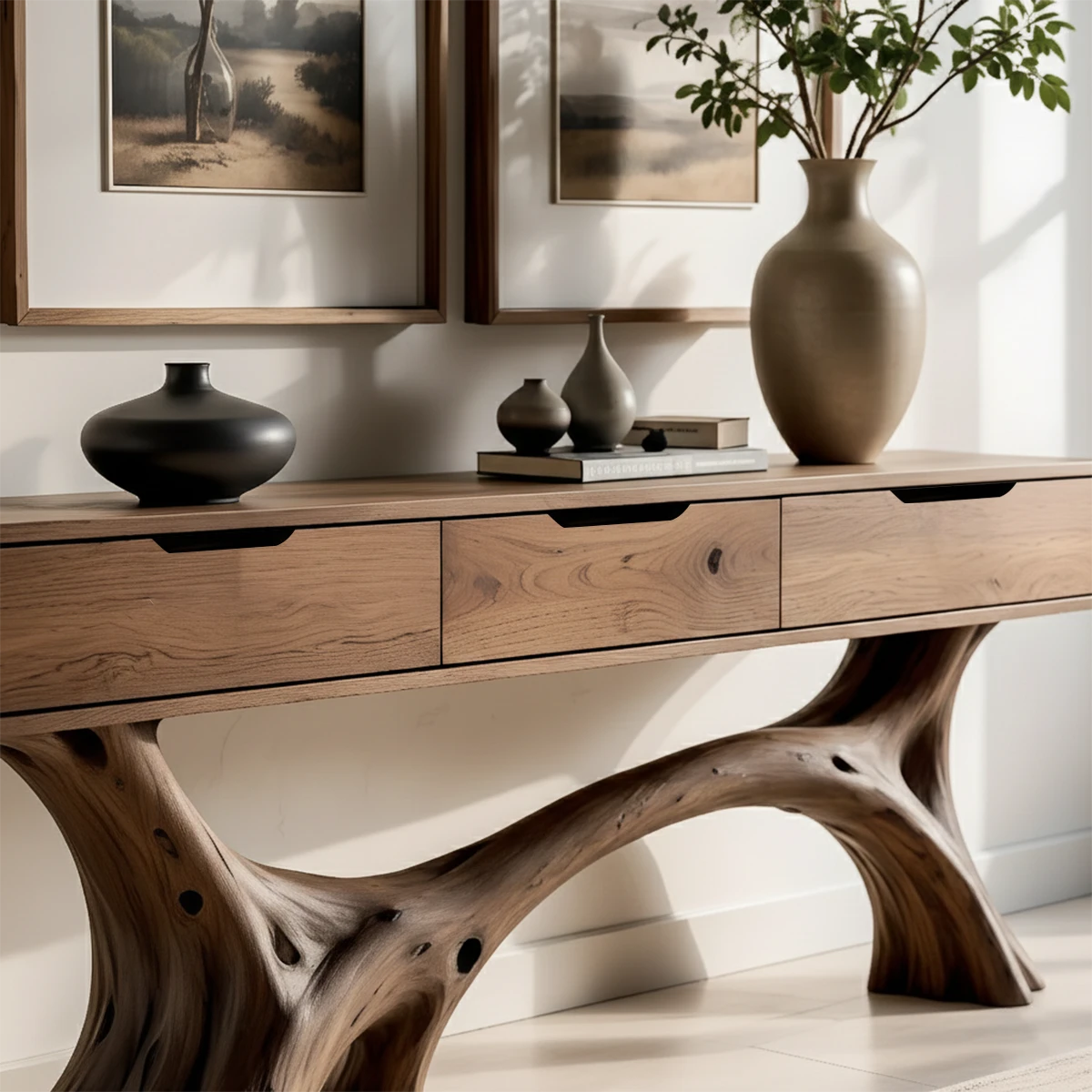In this warm interior, a console table blends organic structure with functional storage design