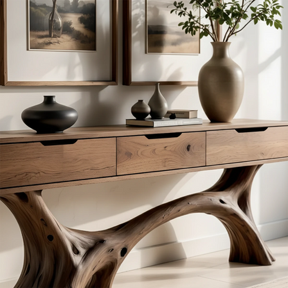 In this warm interior, a console table blends organic structure with functional storage design