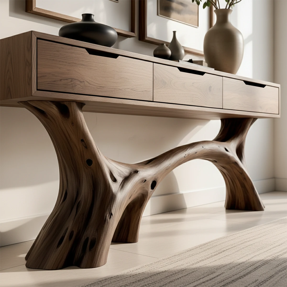 Natural wood console table with drawers enhances this minimalist and modern home space