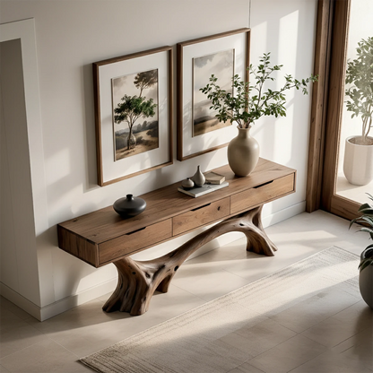 Refined entryway showcasing a handcrafted console table with flowing base and clean drawer lines