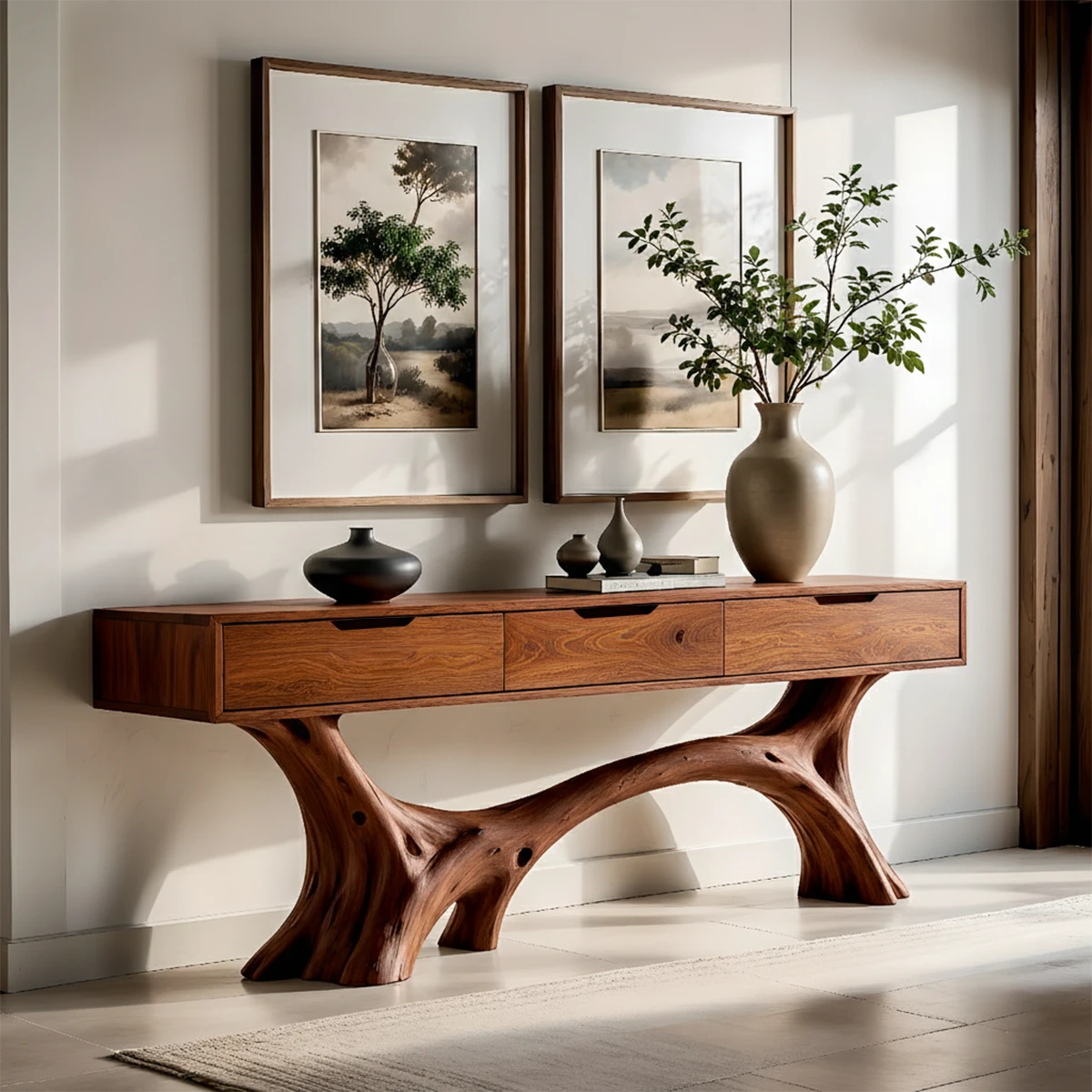 A modern console table with organic wood base complements this calm and curated décor