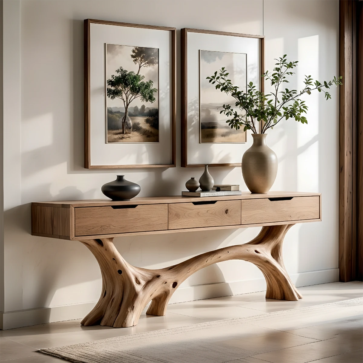 Console table with sculptural base and drawers styled beneath framed artwork in a bright space