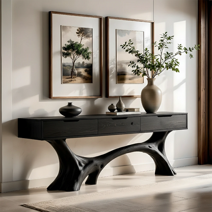This hallway features a wood console table with natural structure and practical storage solution