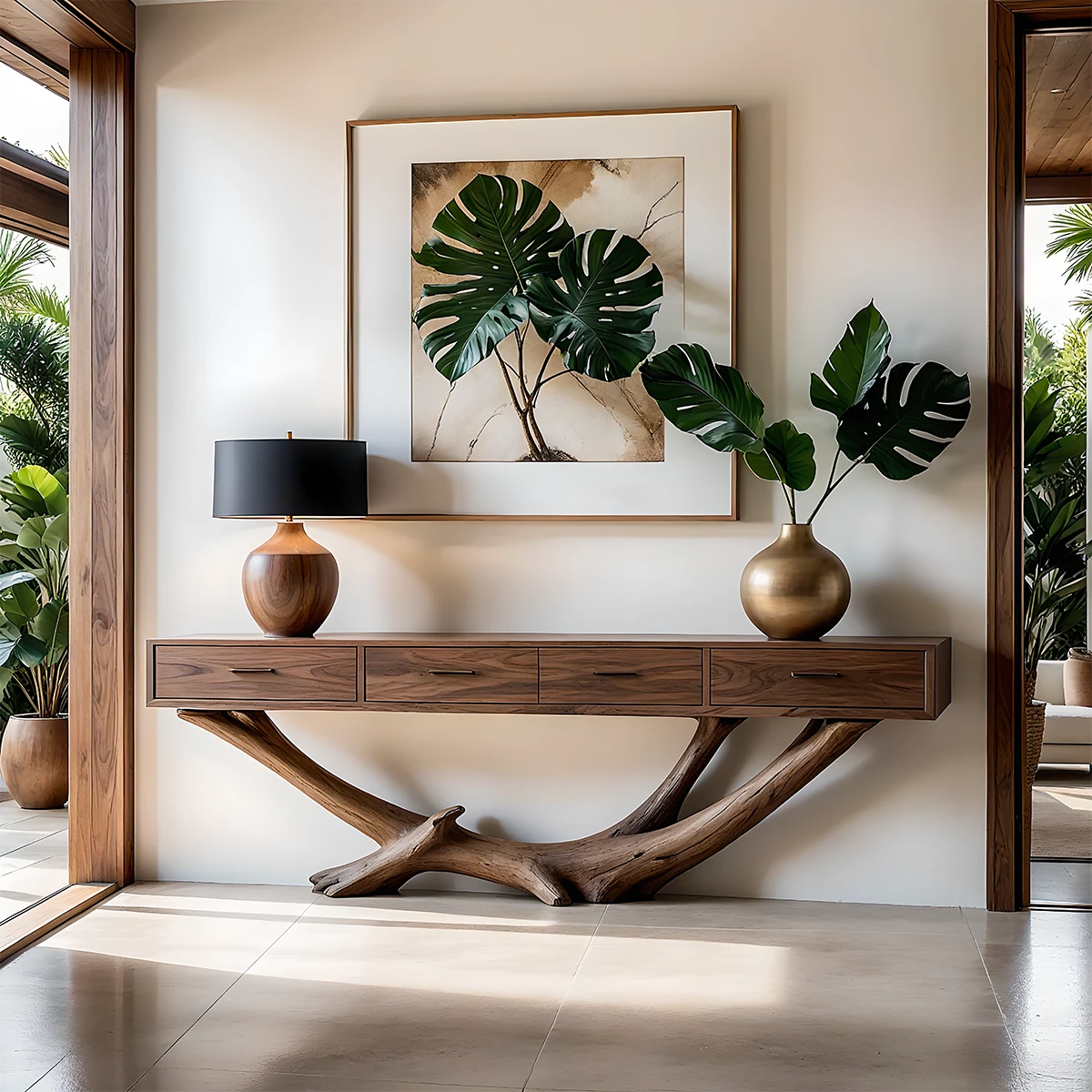 Modern entryway featuring a solid wood console table with root style base and built in drawers