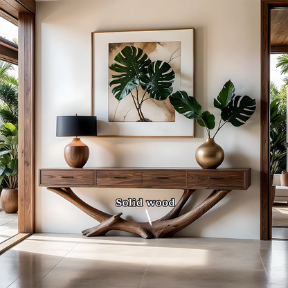 Elegant interior featuring a console table with natural wood structure and smooth top surface
