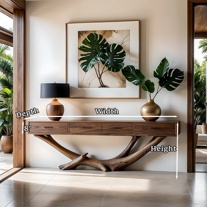 Handcrafted console table with root base and drawers adds depth and texture to this entryway