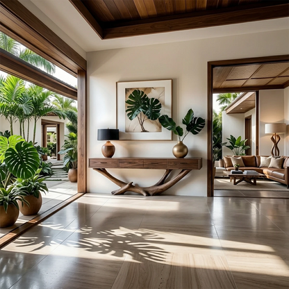 A statement console table with natural wood base adds storage and warmth to this refined interior