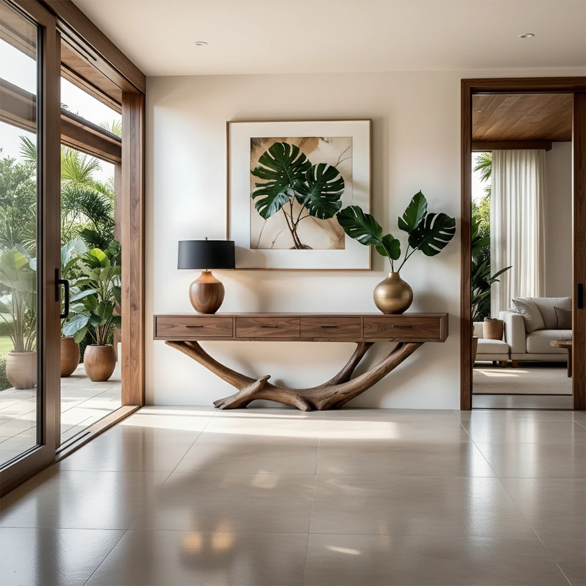 Solid wood console table with organic root base placed in a bright contemporary hallway space