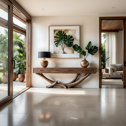 Solid wood console table with organic root base placed in a bright contemporary hallway space