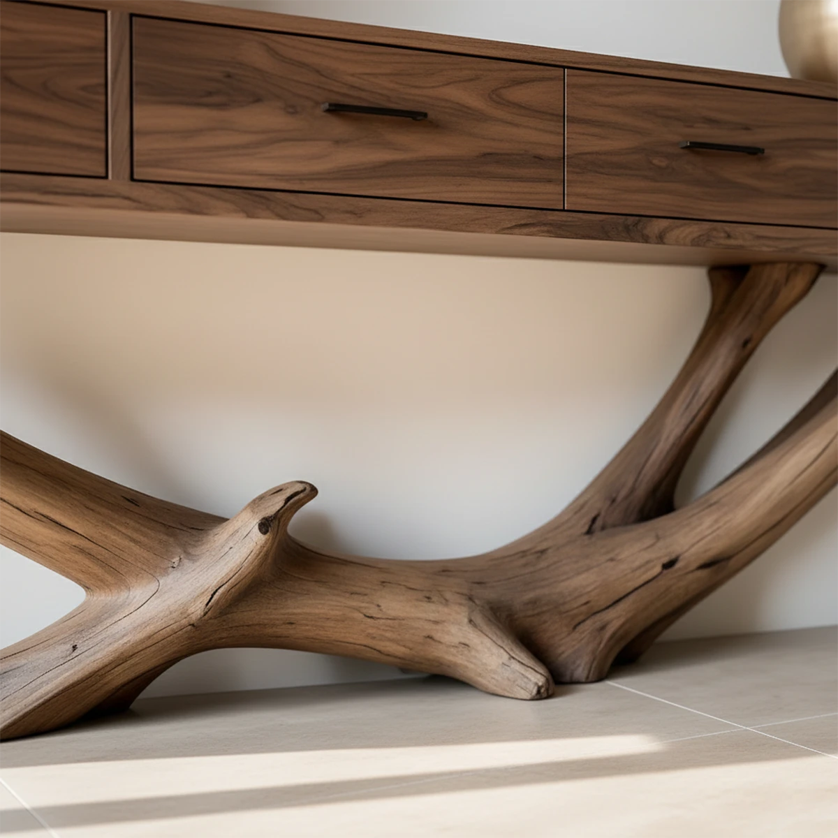 In this elegant home, a console table blends sculptural wood base with practical drawer storage