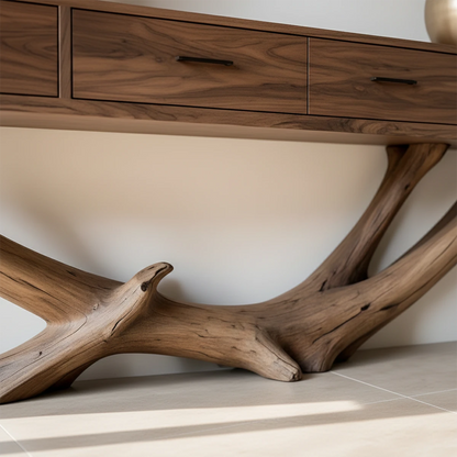 In this elegant home, a console table blends sculptural wood base with practical drawer storage