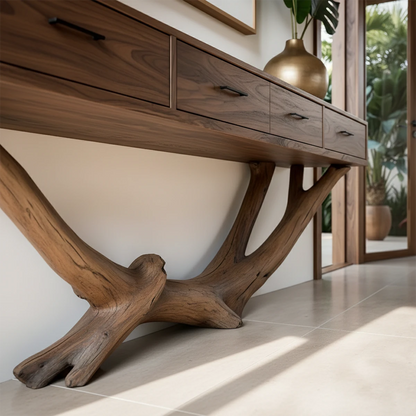 Natural wood console table with drawers enhances this clean and modern entryway design