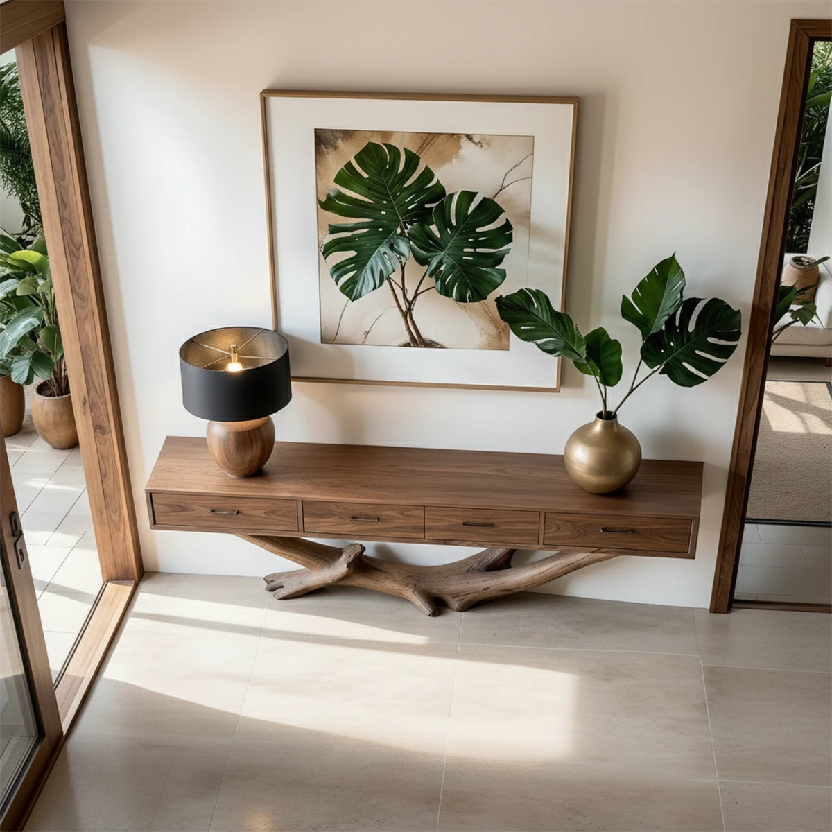 Refined hallway showcasing a handcrafted console table with flowing base and sleek drawer layout