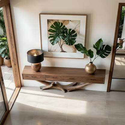 Refined hallway showcasing a handcrafted console table with flowing base and sleek drawer layout