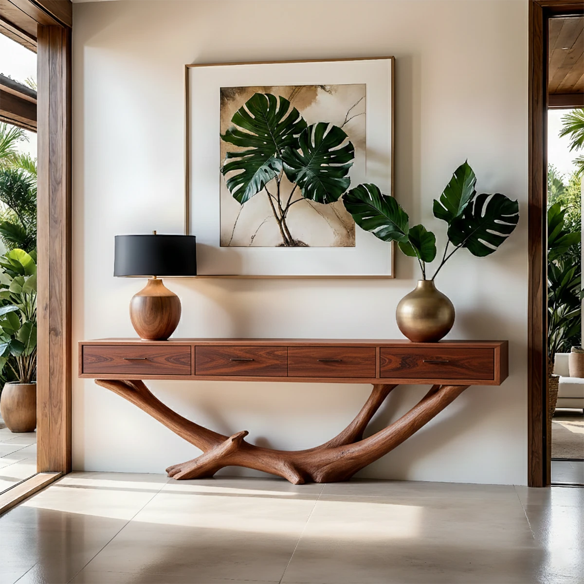 A modern console table with root inspired structure complements this calm interior setting