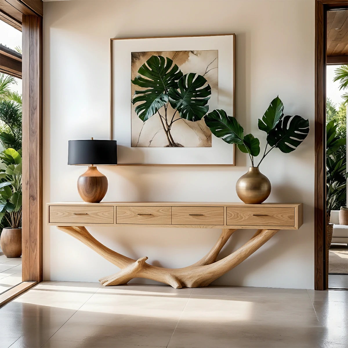Console table with sculptural wood base and drawers styled beneath artwork in a contemporary space