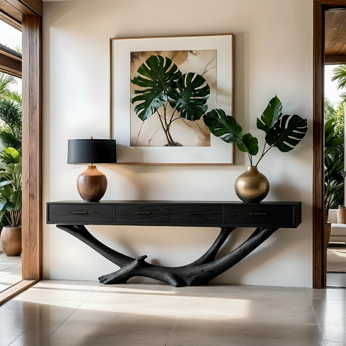 This entry space highlights a wood console table with organic base and functional storage design