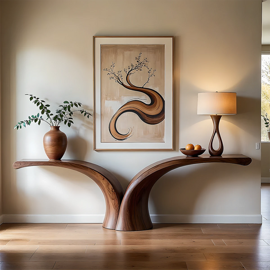 Modern entryway styled with a sculptural solid wood console table featuring smooth curved design