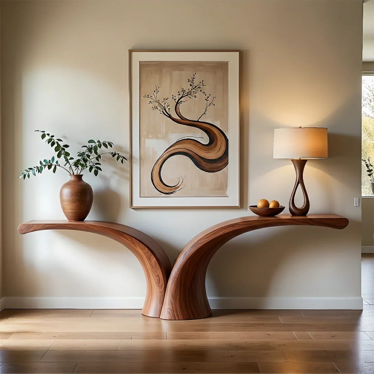 Elegant hallway featuring a handcrafted console table with smooth curves and warm wood tones